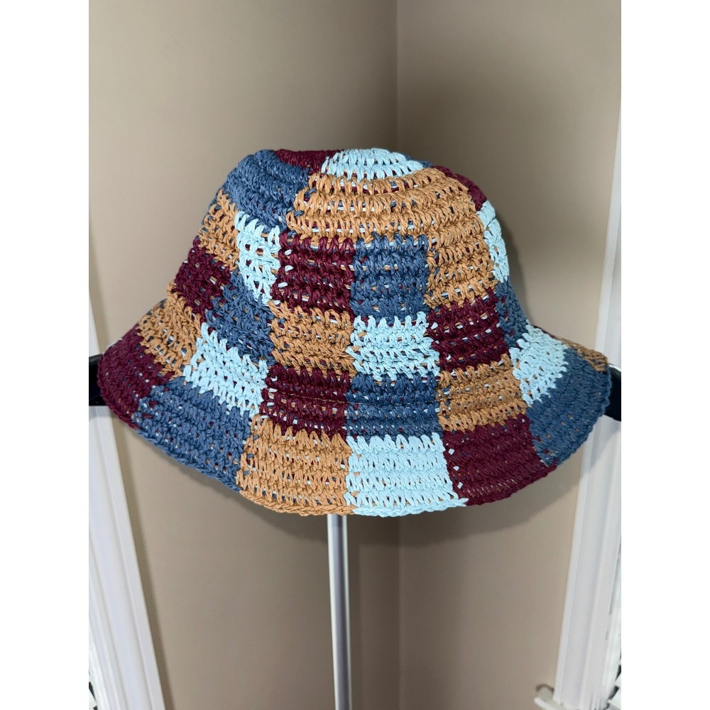 Wyeth Gabby Multi Color Checkered Paper Straw Bucket Hat NWT JA1211-25 OS